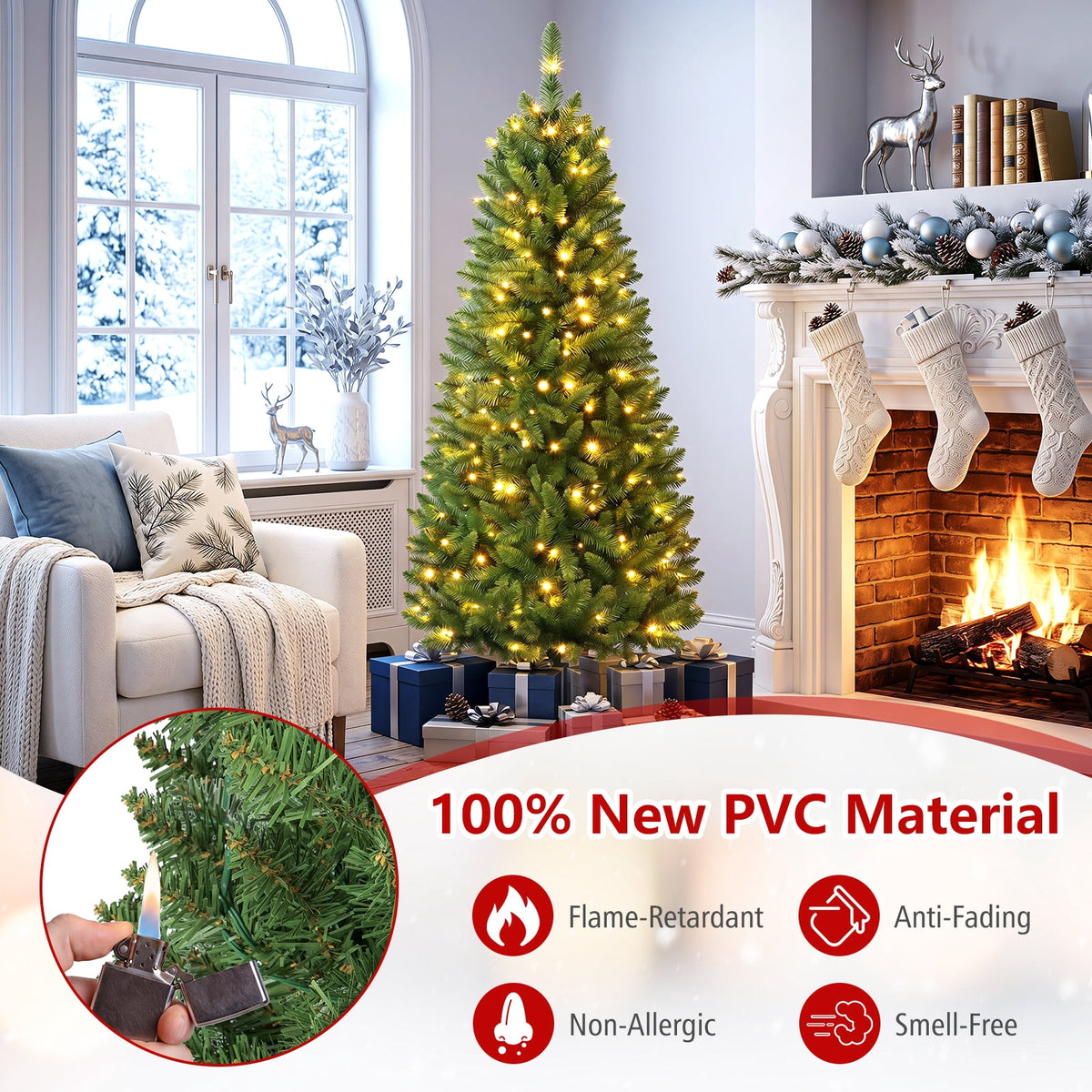 Costway 6Ft Pre-lit Artificial Pencil Christmas Tree Hinged Fir PVC Tree with 250 LED Lights