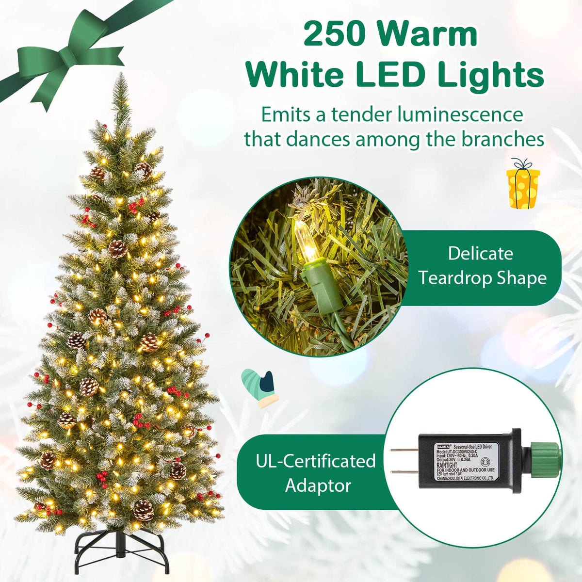Costway 5 FT Pre-Lit Artificial Christmas Tree with 408 Snowy Branch Tips 250 LED Lights