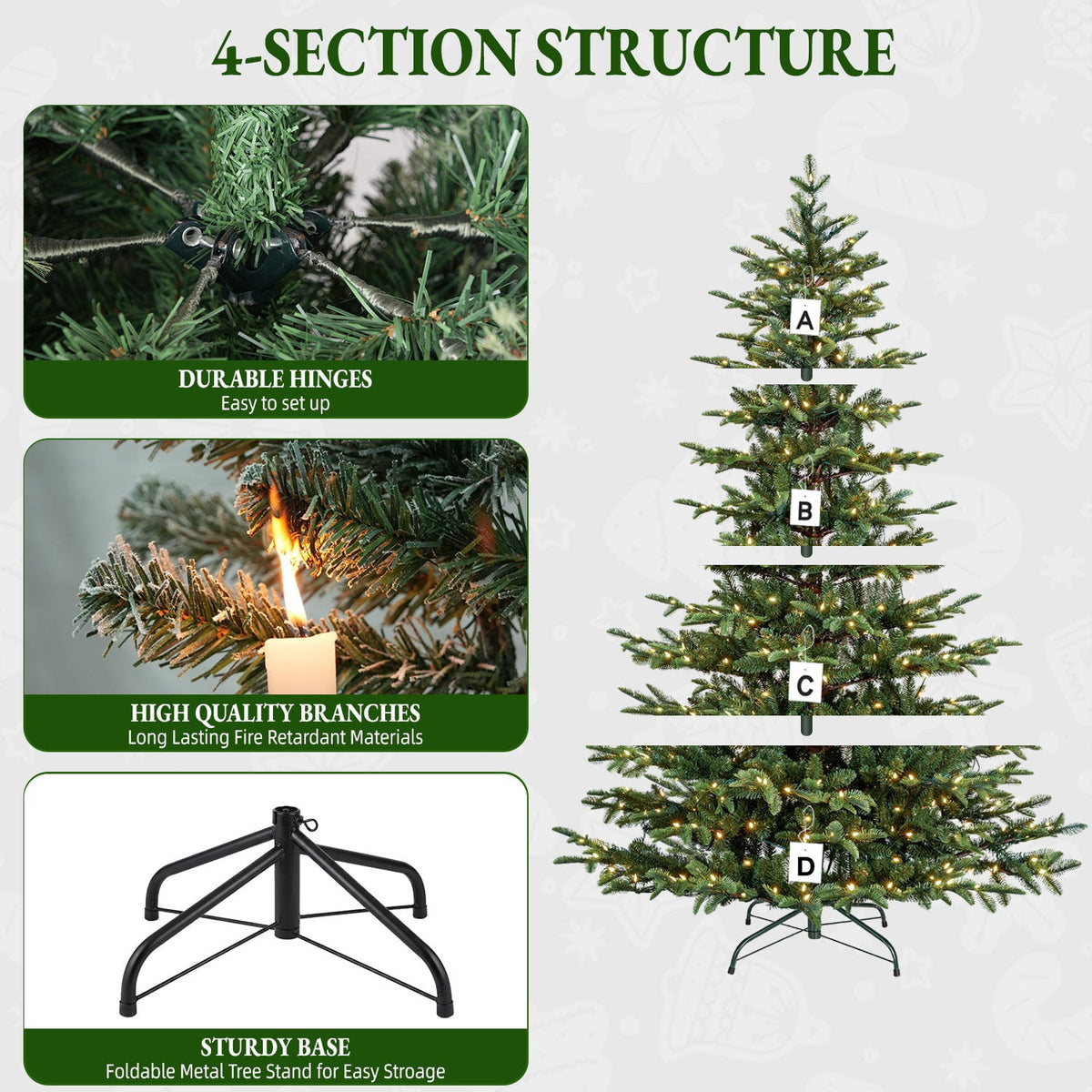 VIVATREES 6ft Pre-lit Artificial Christmas Tree w/ 1153 Mixed PVC PE Hinged Branch Tips 330 Warm White LED Lights Foldable Base