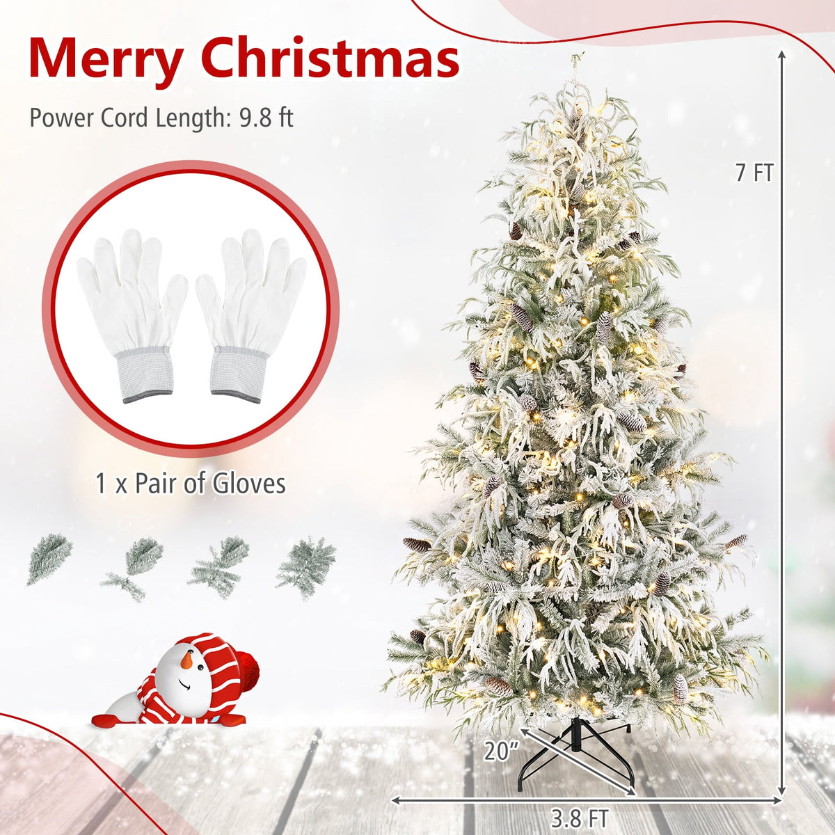 Costway 7 ft Flocked Cypress Christmas Tree with 710 Full PE Branch Tips, 350 LED Lights Sparse-Style White