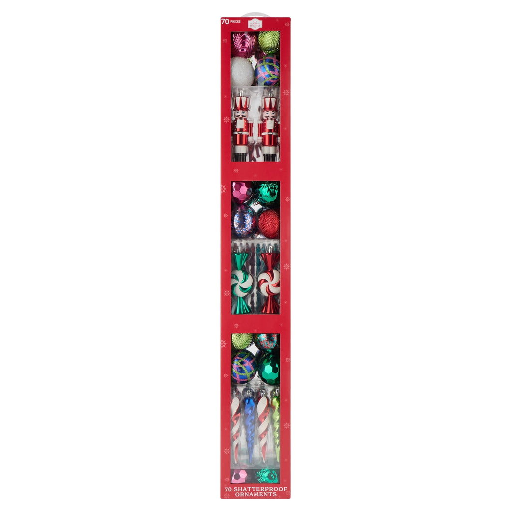 70-Count Bright Multicolor Shatterproof Christmas Ornaments, by Holiday Time