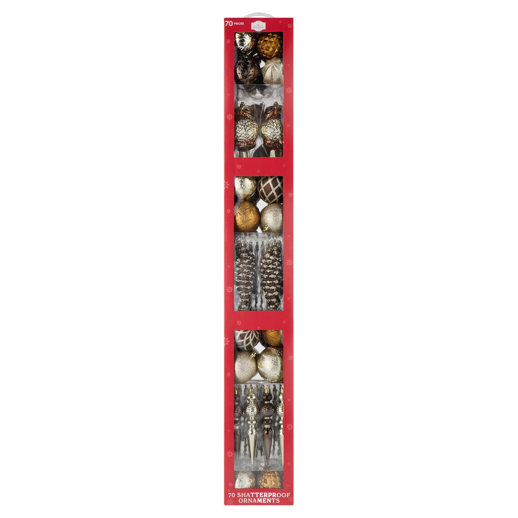 70-Count Gold/Bronze/Brown Shatterproof Christmas Ornaments, by Holiday Time
