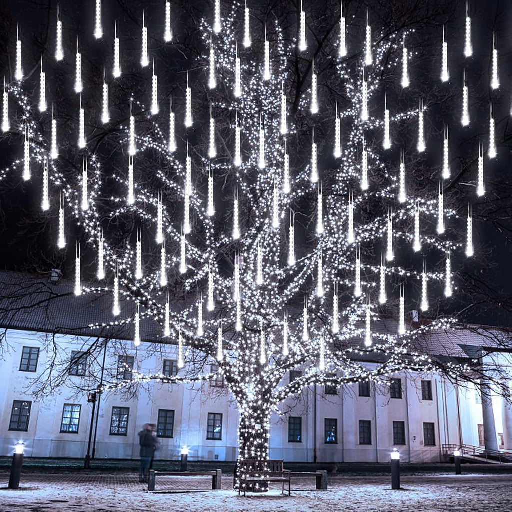 Rirool White Solar Meteor Shower Lights, 20 in 8 Tube 288 LED Raindrop Icicle Lights with Remote Timer, Waterproof Outdoor Snowfall Christmas Wedding Eave Tree Decor for Holiday Yard Patio