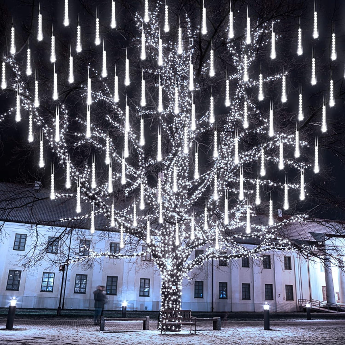 Rirool White Solar Meteor Shower Lights, 20 in 8 Tube 288 LED Raindrop Icicle Lights with Remote Timer, Waterproof Outdoor Snowfall Christmas Wedding Eave Tree Decor for Holiday Yard Patio