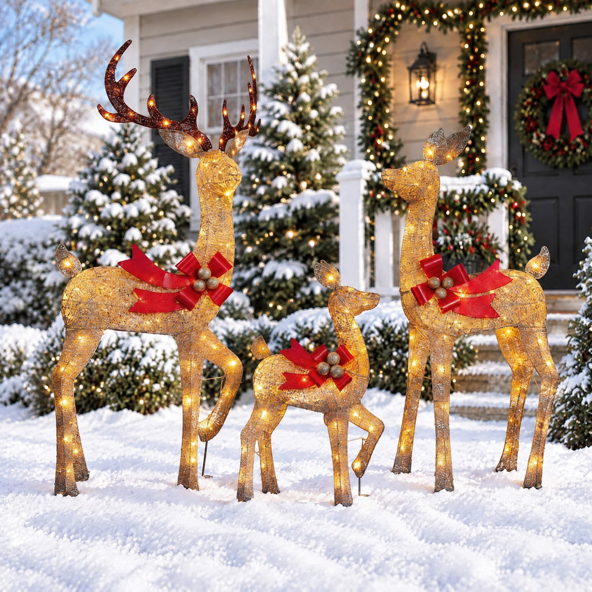 Indoor/Outdoor Light-Up Glitter Deer Family Christmas Decoration with 210 LED Lights, Warm White, Set of 3, by Holiday Time