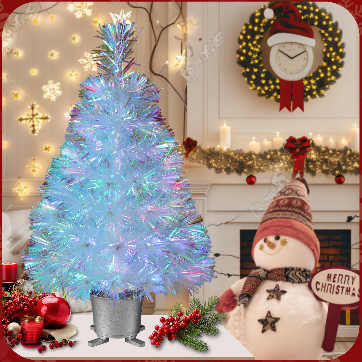 YUETJIN 24 Pre-Lit Mini Fiber Optic Tabletop Artificial Christmas Tree with Seven Colors LED Lights in with Gold Base Pot