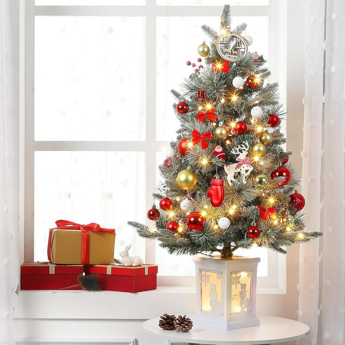 M optimized 3 Ft Prelit Christmas Tree with 8 Modes 78 Warm Lights, Artificial Christmas Trees Snow Flocked Small Christmas Tree, Xmas Tree Battery Operated Timer Function