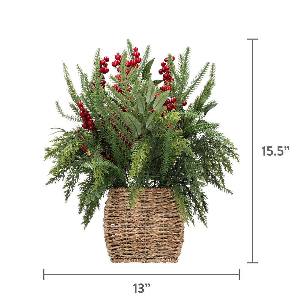Berry and Greenery Arrangement in Woven Basket Christmas Decoration, Multicolor, 15.5", by Holiday Time
