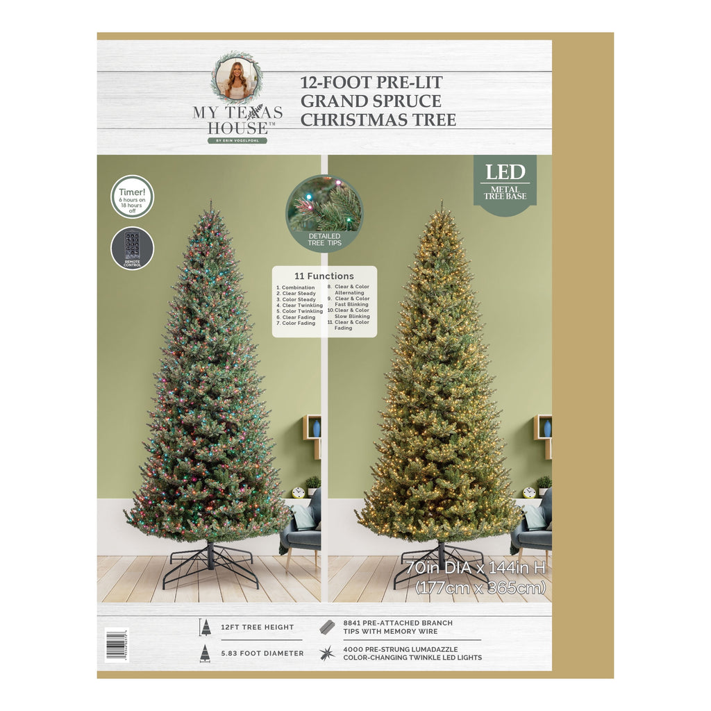 My Texas House 9' Pre-Lit Grand Spruce Green Artificial Christmas Tree with LumaDazzle Color-Changing Twinkle LED Lights, Quick Set, and Stand