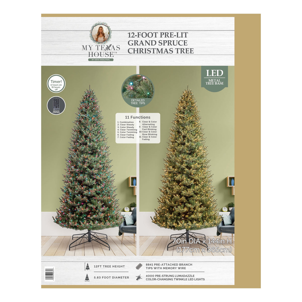 My Texas House 9' Pre-Lit Grand Spruce Green Artificial Christmas Tree with LumaDazzle Color-Changing Twinkle LED Lights, Quick Set, and Stand