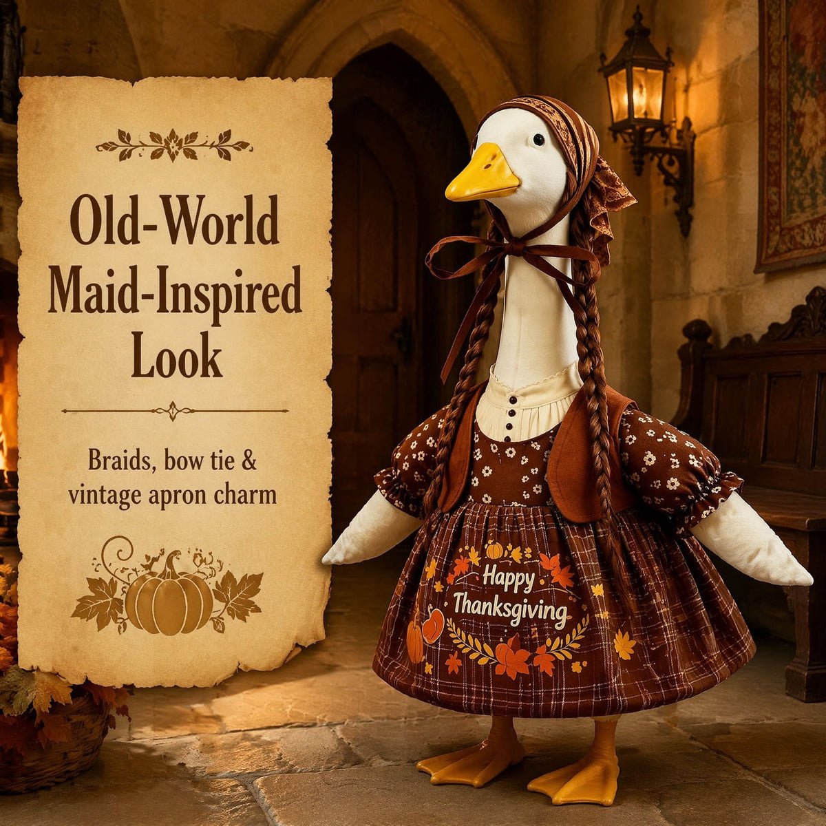AZXY Thanksgiving Porch Goose Outfit, 23 Inch Lawn Goose Costume with Pilgrim Hat & Pumpkin Turkey Print Dress, Goose Clothes for Cement Plastic Goose Statue, Outdoor Yard Patio Fall Garden Decor