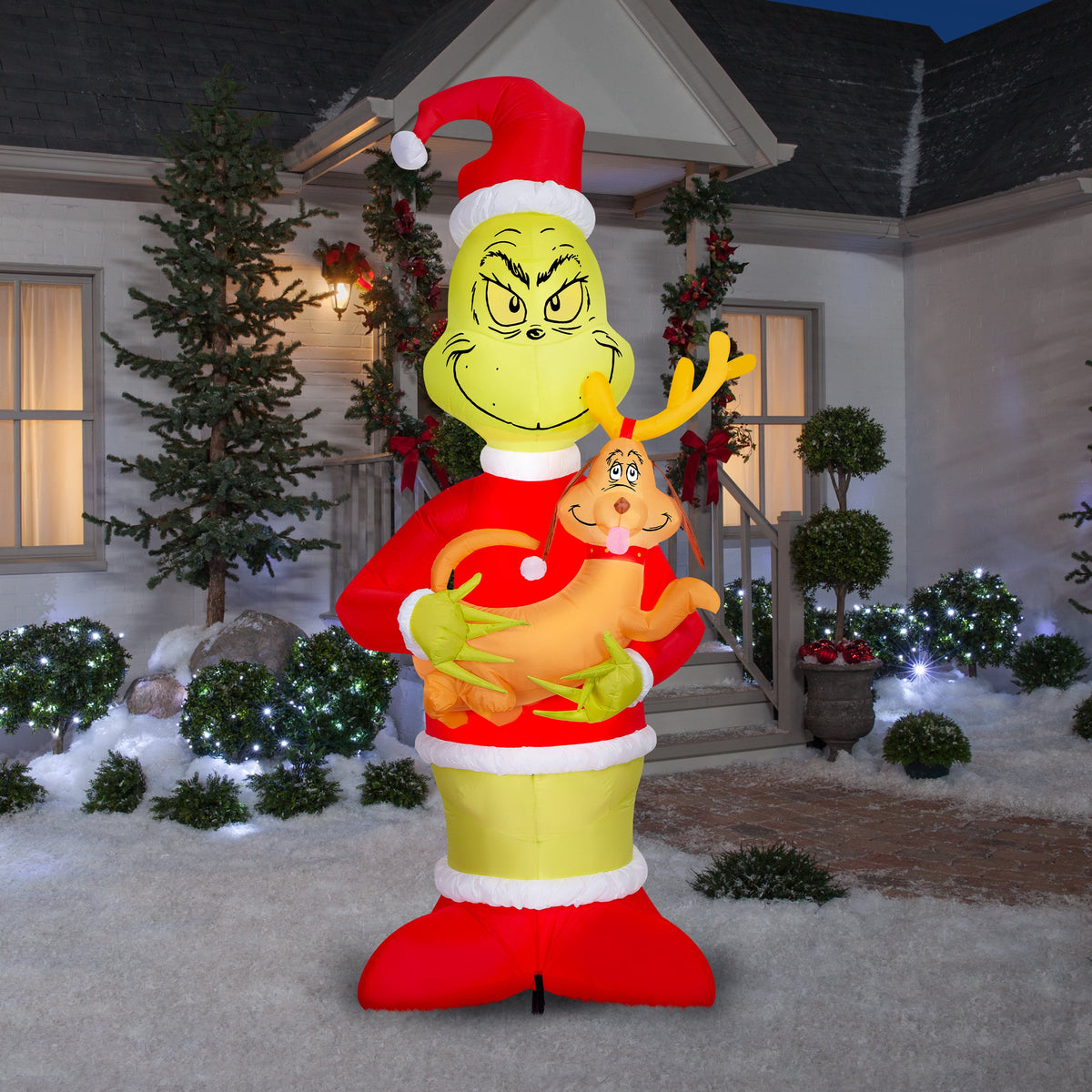 Gemmy Christmas Airblown Inflatable Grinch Holding Max Giant Scene Dr. Seuss , 8 ft Tall