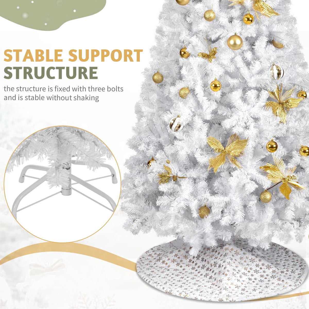 UBesGoo 7.5ft DIY Christmas Tree, Hinged Artificial Pine with 400 Warm LEDs & Golden Ornaments, Includes Tree Skirt, Green