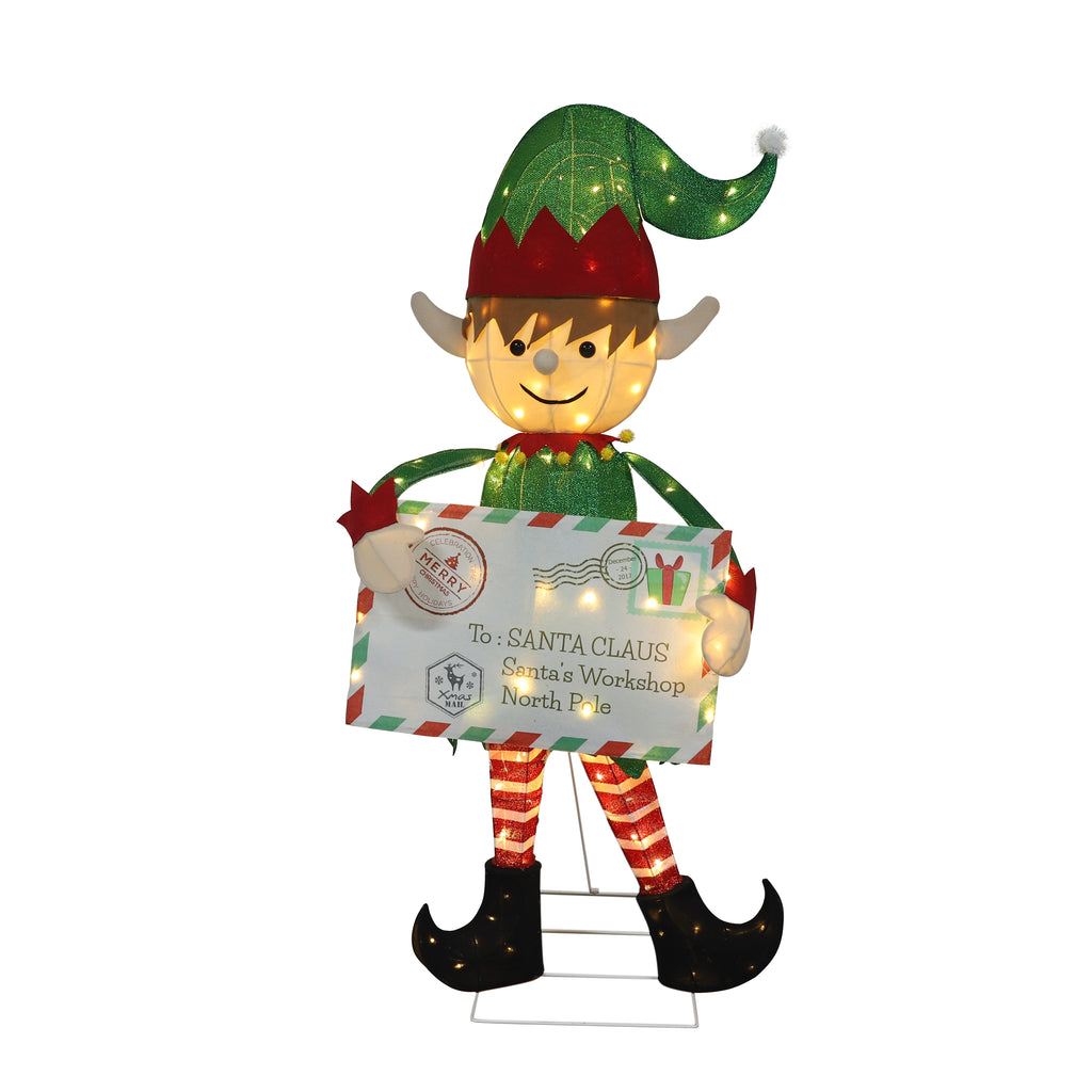 VEIKOUS 4.8ft Christmas Elf Decoration W/ 100 Warm White LED Lights, Envelope & Ground Stakes, Waterproof Pre-Lit Yard Decor for Holiday