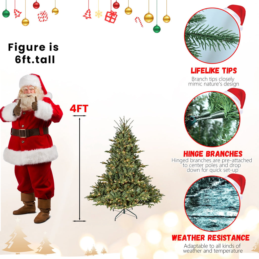 Artificial 4ft Green Christmas Tree with 673 PE/PVC Mixed Branch Tips, 150L warm white led, memory wire+iron wire, Hinged Premium & Foldable Base for Indoor Holiday Decorating