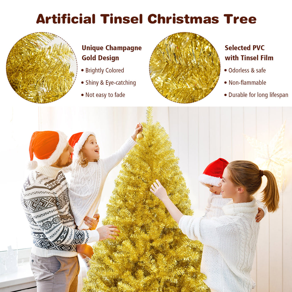 Gymax 7.5FT Tinsel Christmas Tree Artificial Hinged w/ Metal Stand Champagne Gold