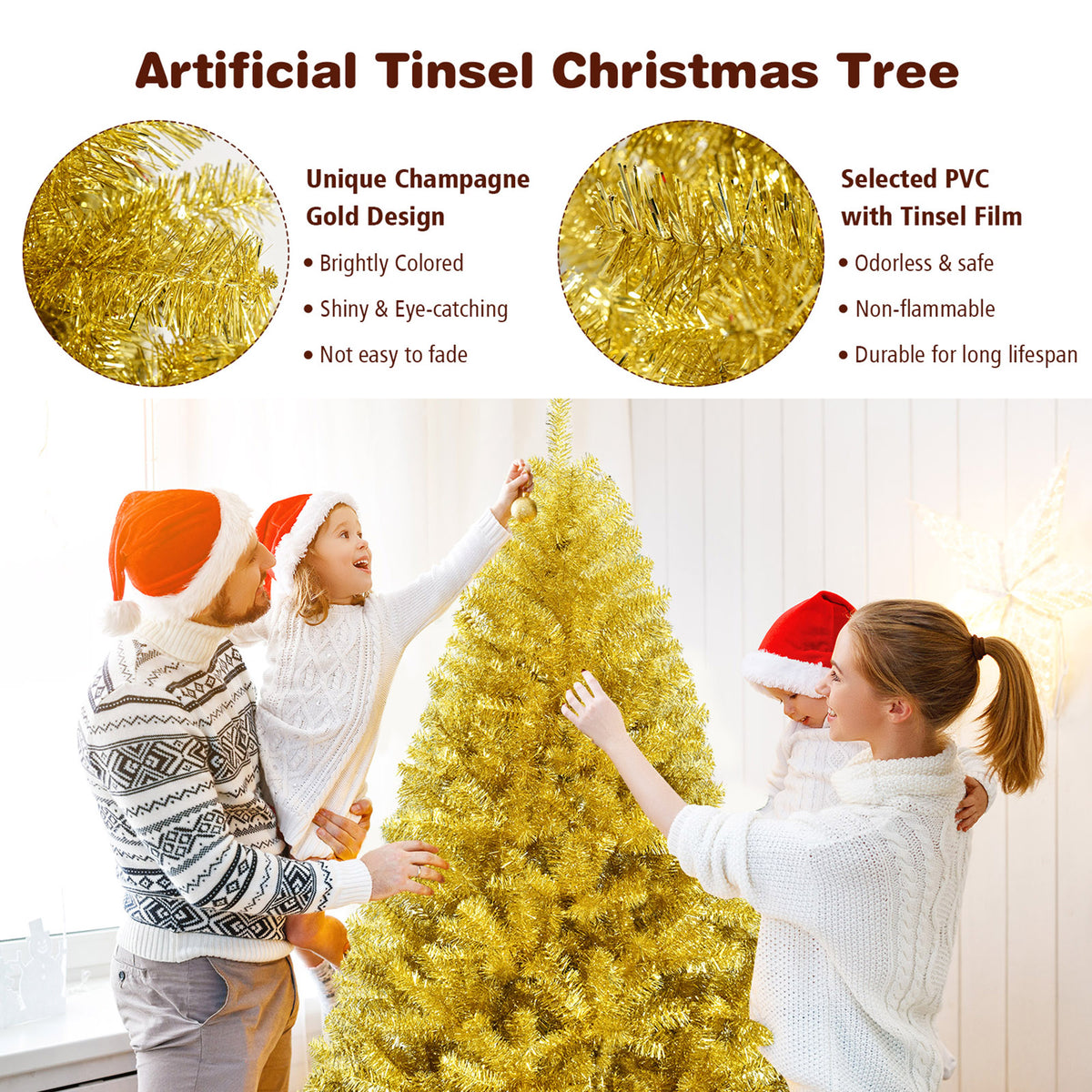 Gymax 7.5FT Tinsel Christmas Tree Artificial Hinged w/ Metal Stand Champagne Gold