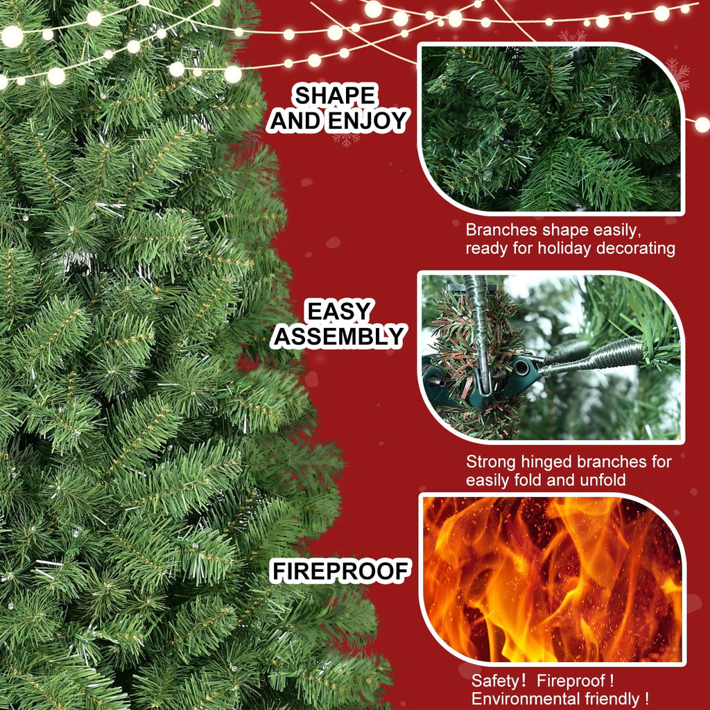 8ft Christmas Tree with Memory Wire, 1430 Tips Hinged Artificial PVC Tree, Easy Setup Green Xmas Tree for Indoor Holiday Decoration