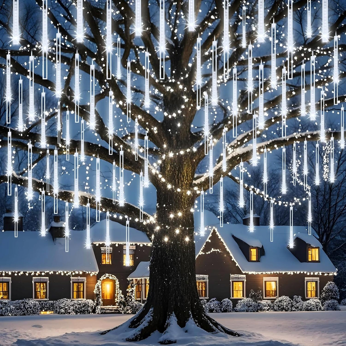 DONGPAI Meteor Shower Lights Outdoor, 11.8 Inch 8 Tube Icicle Lights, Waterproof Meteor Christmas Lights Outdoor, Hanging Falling Rain Lights for Xmas Tree Outside Holiday Decoration