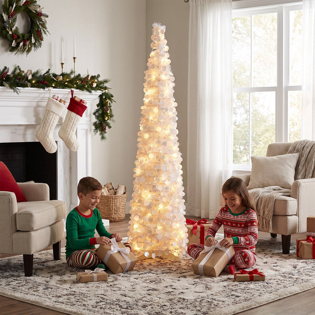 Ayieyill 5ft Pencil Christmas Tree, Collapsible Xmas Tree with Lights, Pop Up Tinsel Tree for Christmas Decorations Indoor, Pink White