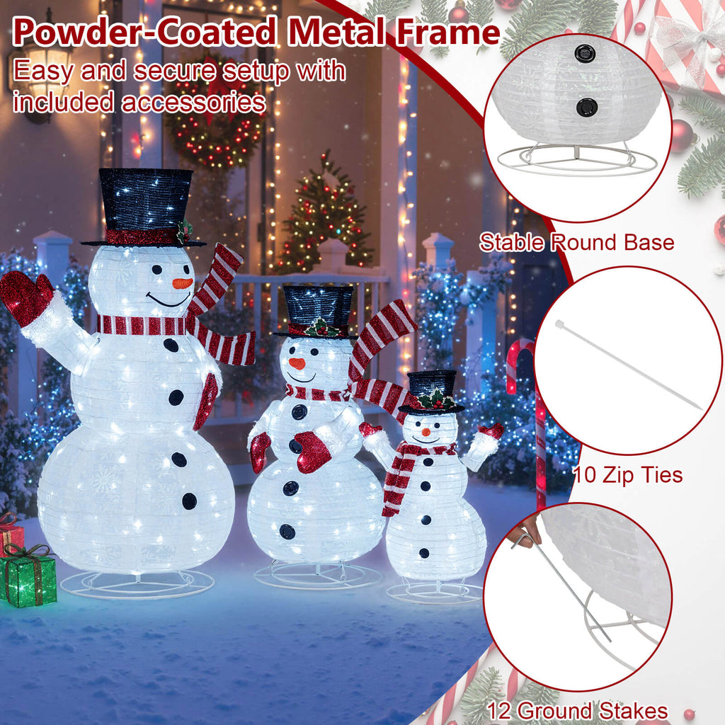 Costway 3PCS Pre-Lit 3D Snowman Set with 270 LED Lights for Home Lawn Yard Garden Plug in