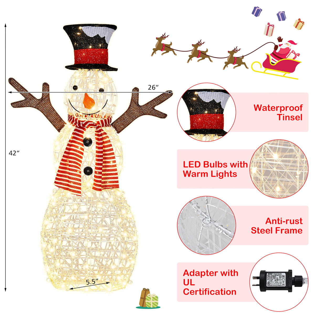 Costway Pre-Lit Standing Snowman Artificial Christmas Decoration with 80 LED Lights