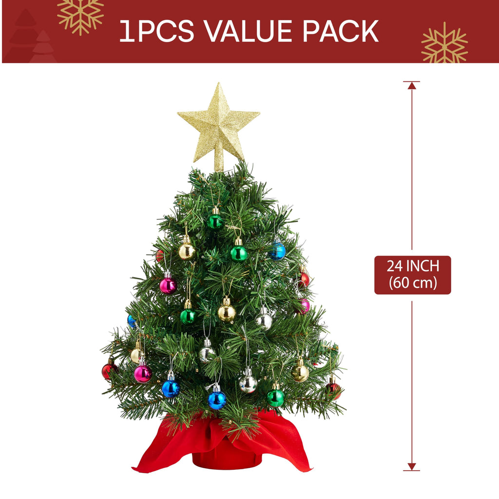 Joyfy 24"/2.4 FT Tabletop Small Christmas Tree with Lights, Prelit Artificial Mini Xmas Tree Set with Star and Ornaments for Party Decorations