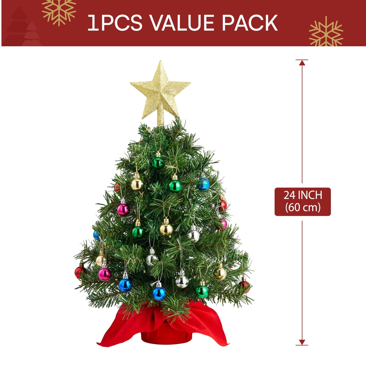 Joyfy 24"/2.4 FT Tabletop Small Christmas Tree with Lights, Prelit Artificial Mini Xmas Tree Set with Star and Ornaments for Party Decorations