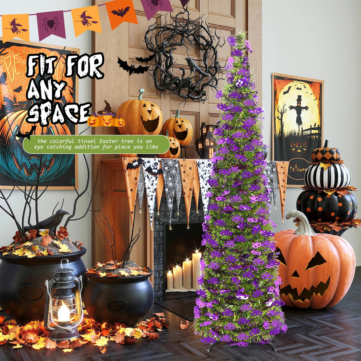 Ayieyill 5ft Halloween Tree Prelit, Pencil Pop up Tree with Light Halloween Decoration | Indoor | Black