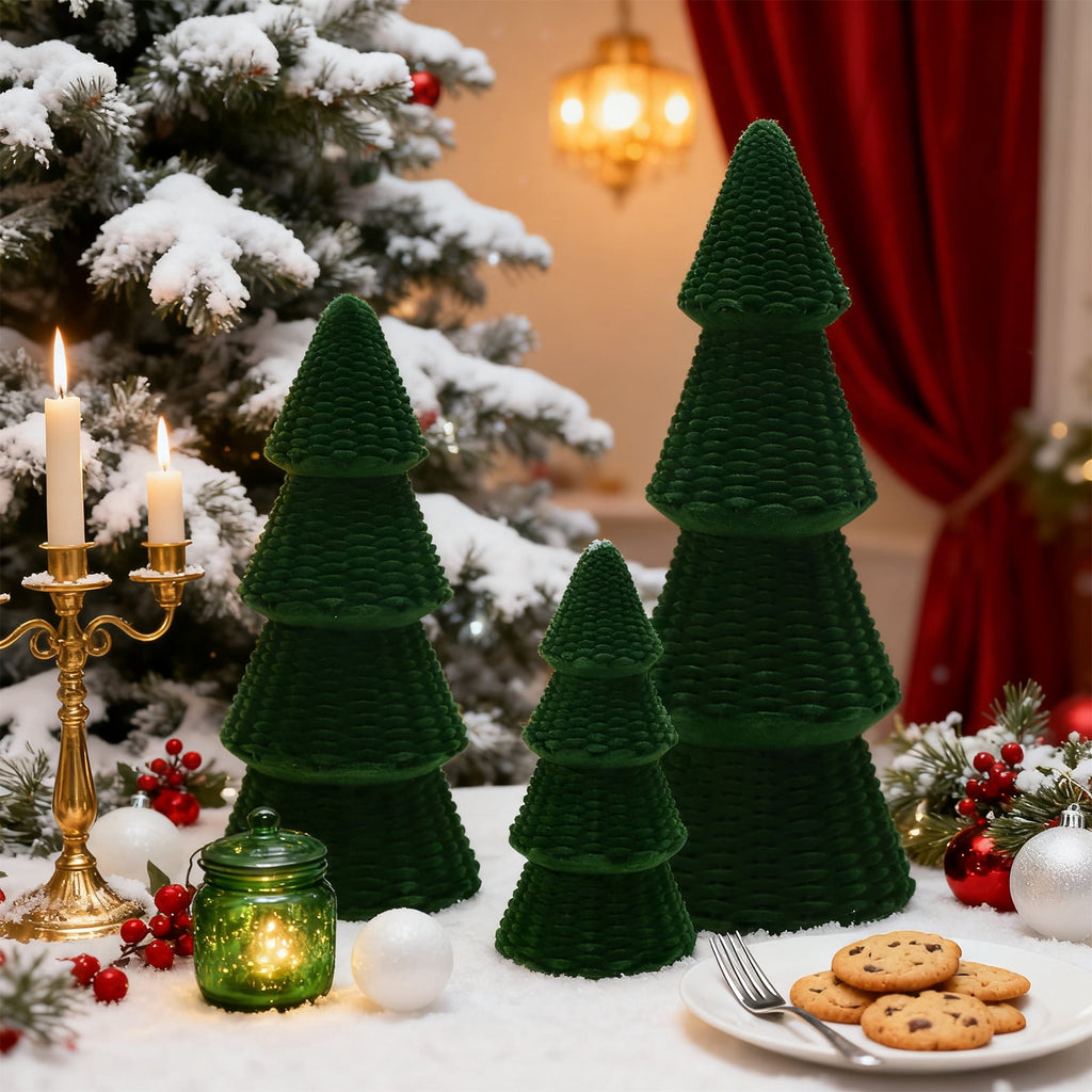 Ayieyill 3pcs Tabletop Christmas Tree Velvet Woven Resin Christmas Trees for Christmas Decor Indoor, Christmas Table Decor, Green