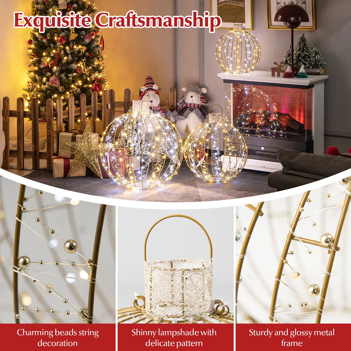 Costway 3 Pack Christmas LED Light Balls Outdoor Hanging Light Spheres w/360 Lights