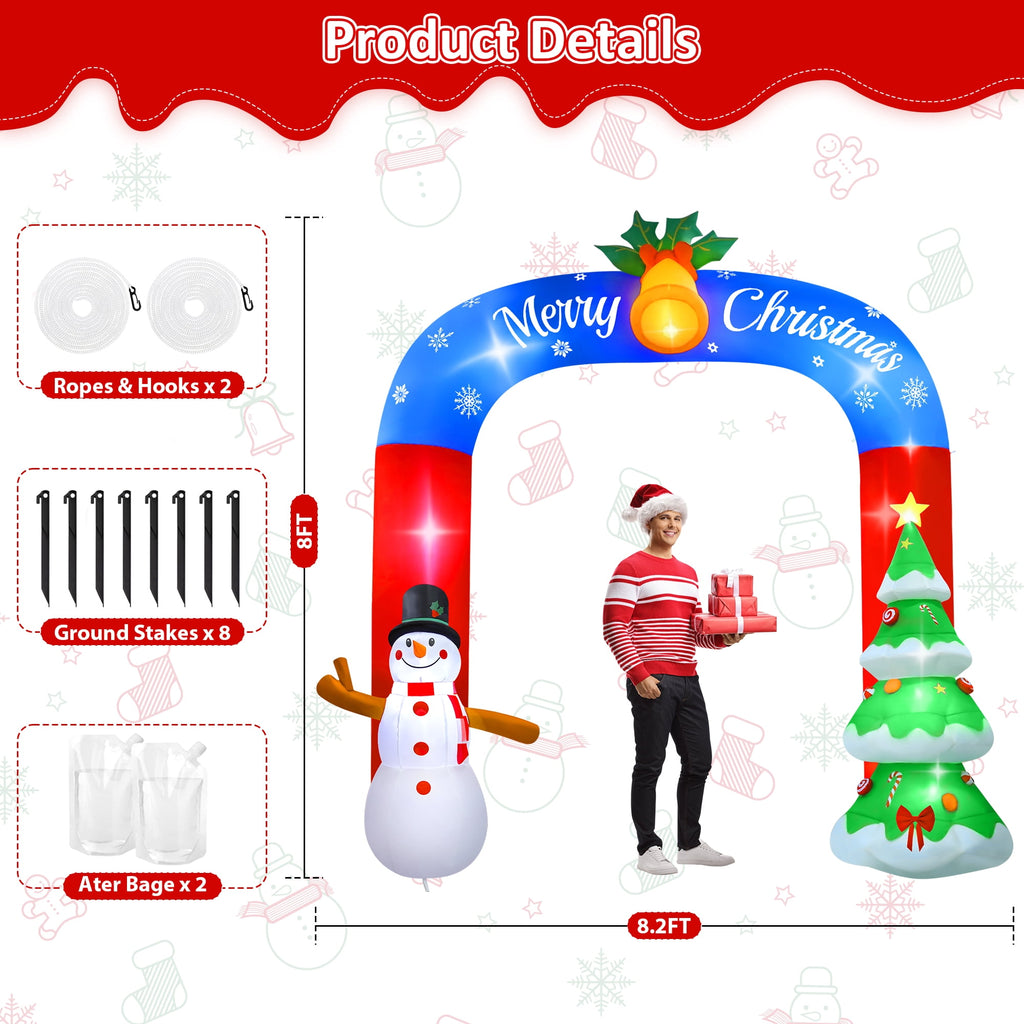 Yexmas 8FT Christmas Inflatable Archway,Christmas Blow Up Yard Decorations with Santa Claus and Snowman,Outdoor Christmas Decorations with Bow LED Lights