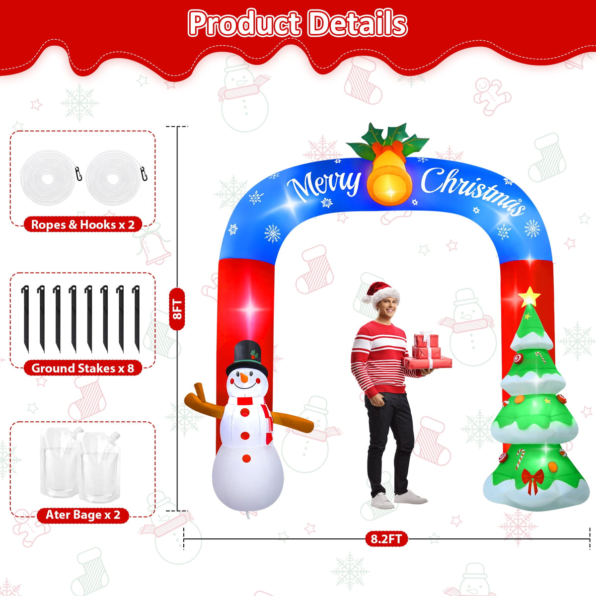 Yexmas 8FT Christmas Inflatable Archway,Christmas Blow Up Yard Decorations with Santa Claus and Snowman,Outdoor Christmas Decorations with Bow LED Lights