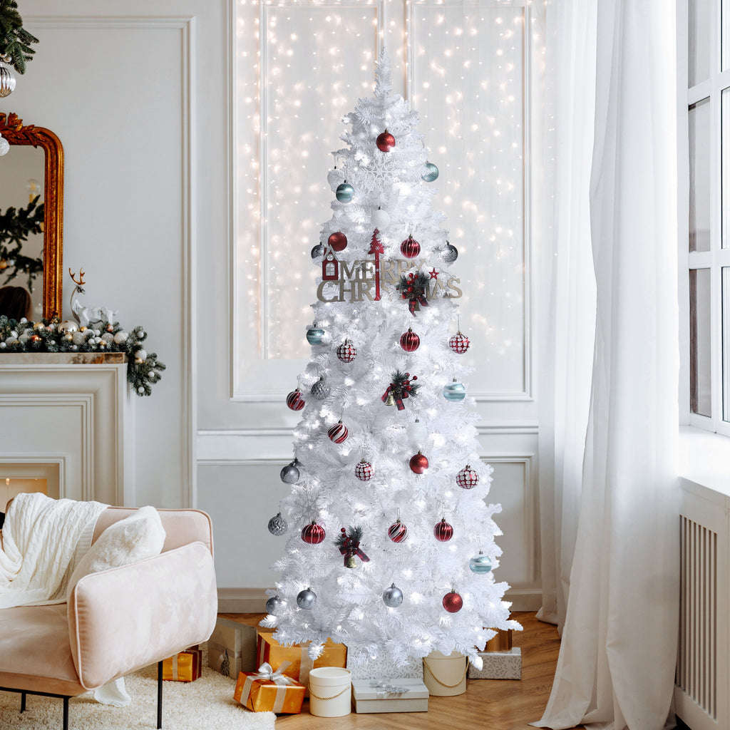 VEIKOUS 6.5ft Pre-lit Pencil Christmas Tree Slim w/250 LED Lights & Metal Stand, Green