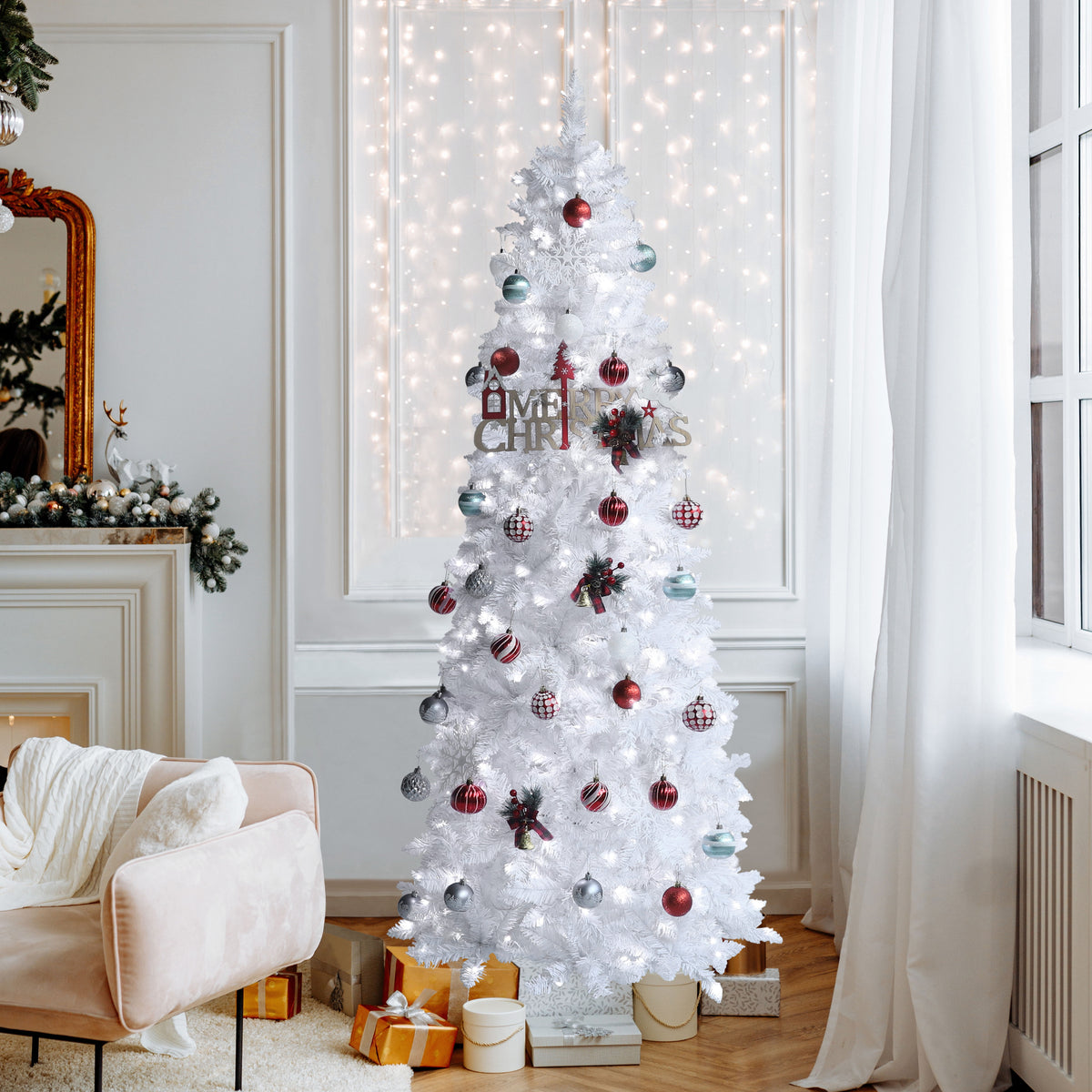 VEIKOUS 6.5ft Pre-lit Pencil Christmas Tree Slim w/250 LED Lights & Metal Stand, Green