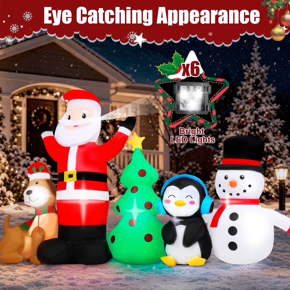 Firstness 8ft Christmas Inflatable,Christmas Blow ups Santa Snowman Xmas Tree Penguin Dog with LED Lights, Yard Garden Party Outdoor Decoration
