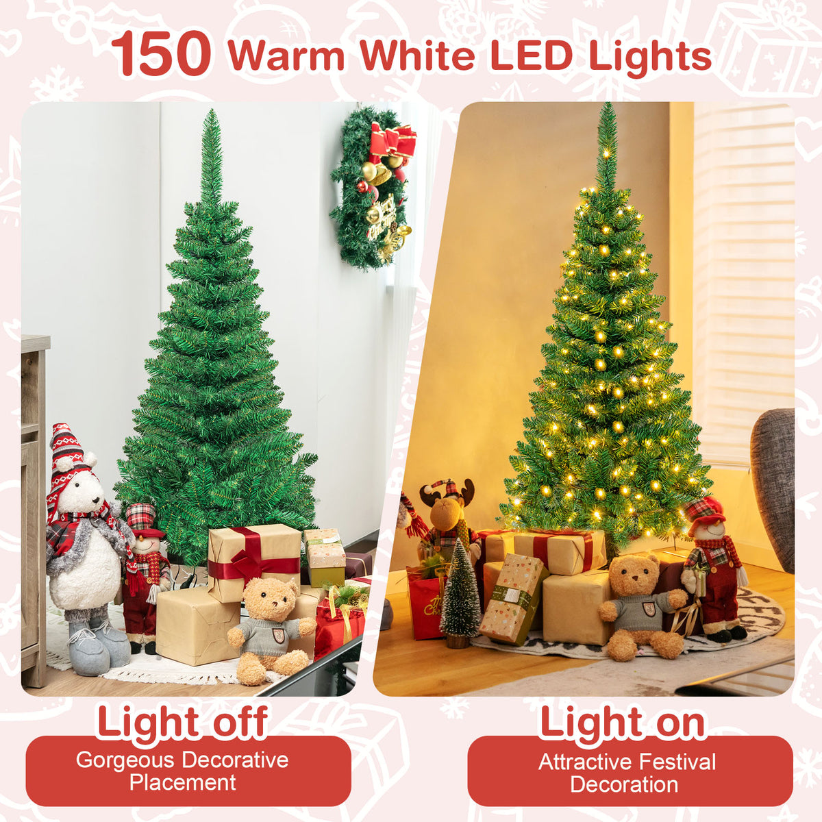 Topbuy 6.5ft Pencil Christmas Tree Pre-Lit Hinged Artificial Decoration w/ 250 Warm White Lights