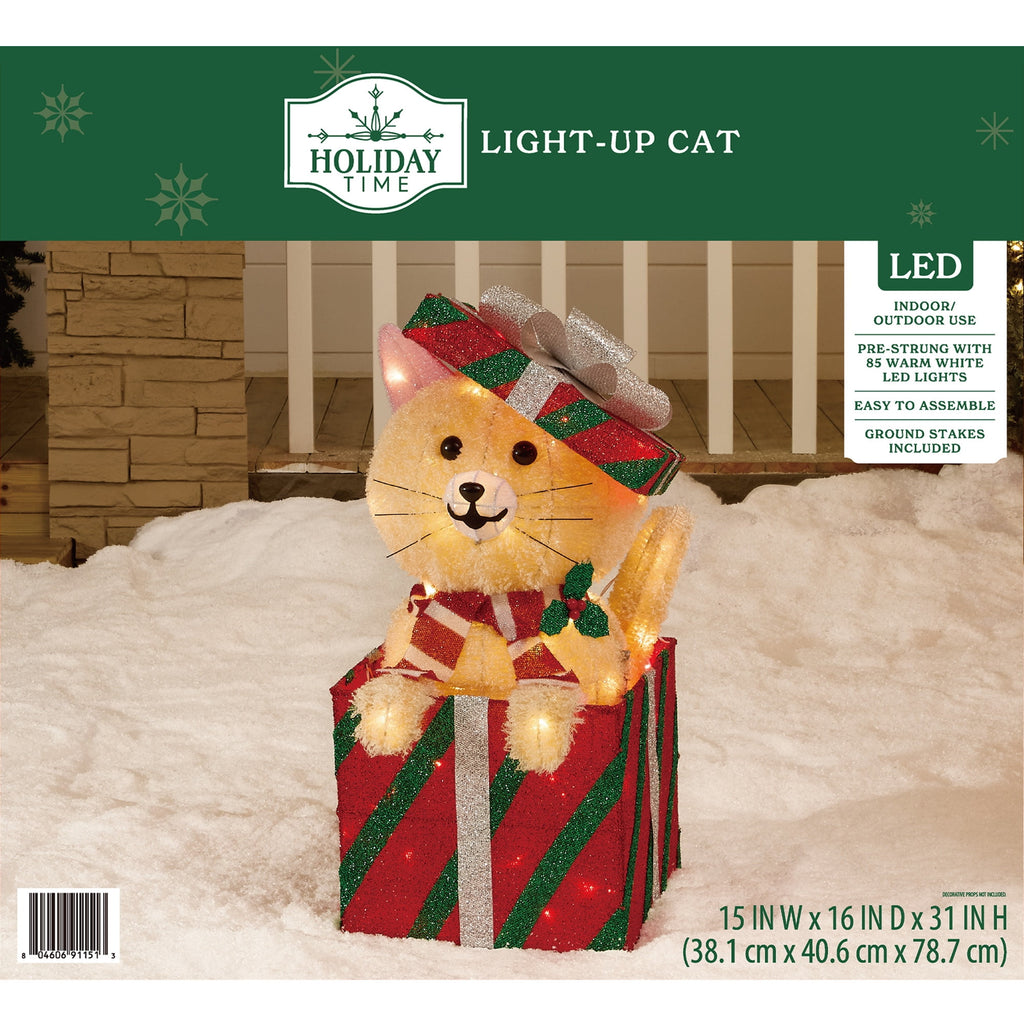 Indoor/Outdoor Light-Up Plush Cat Christmas Decoration with 85 LED Lights, Warm White, 31", by Holiday Time