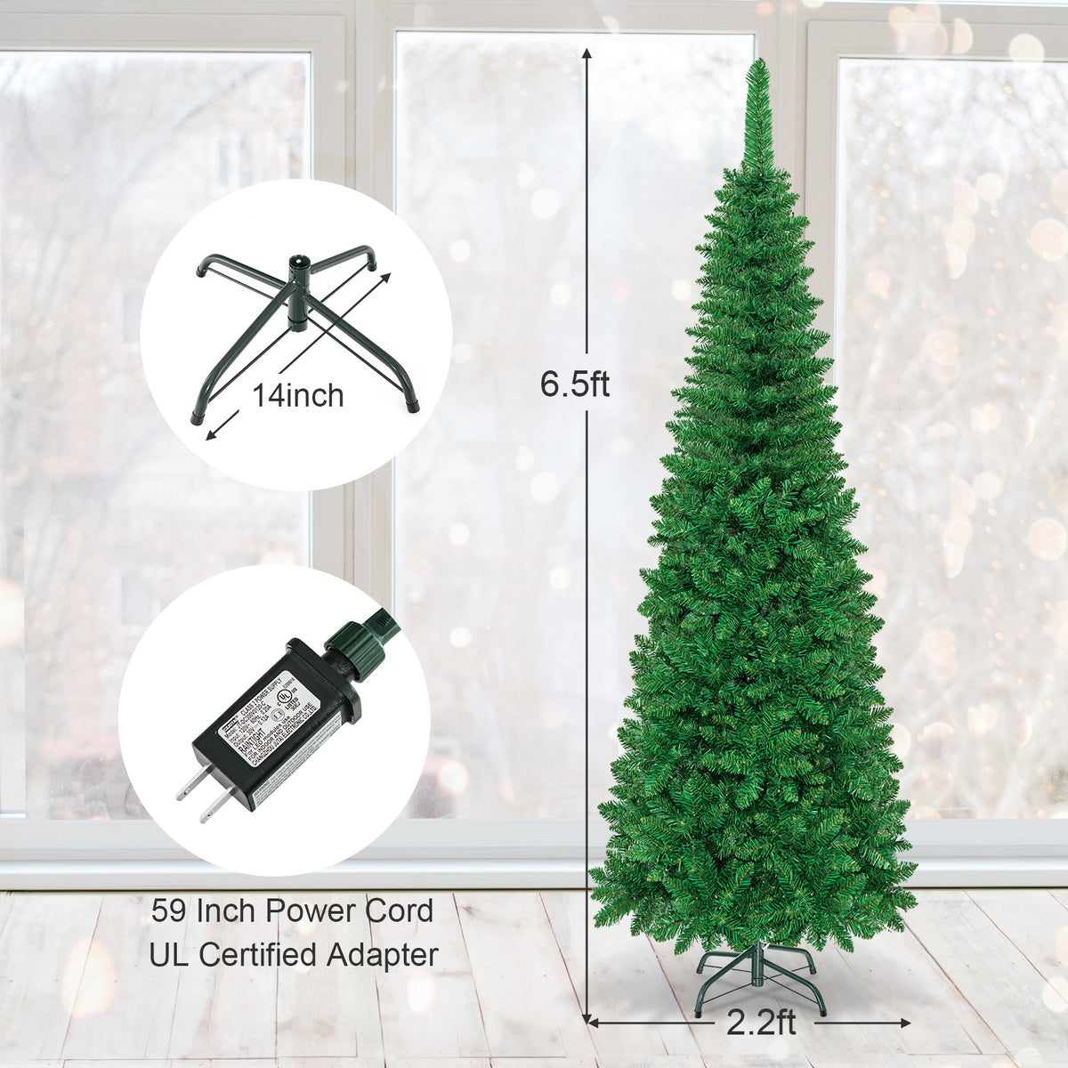 Topbuy 6.5ft Pencil Christmas Tree Pre-Lit Hinged Artificial Decoration w/ 250 Warm White Lights