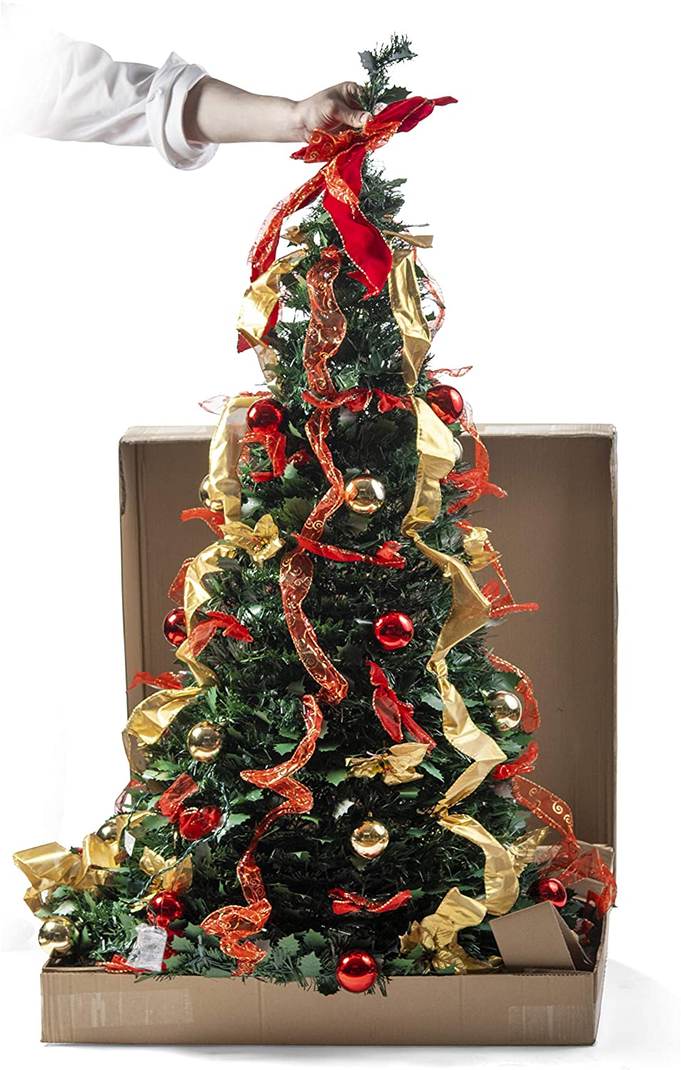 Prextex Christmas Tree Fully Decorated Pre-lit 6 Ft Pull Up Pop Up Out of Box Ready Minimal Assembly Needed Holiday Decorations w/ 350 Warm Lights with Stand
