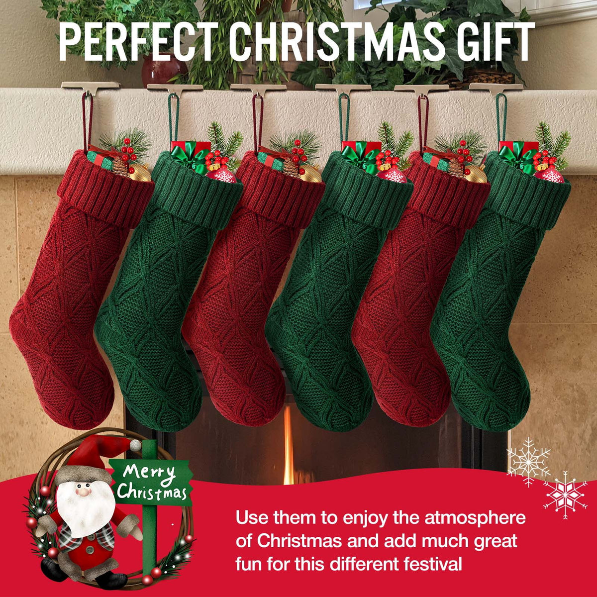 Ayieyill 6pcs Christmas Stockings Large Knitted Xmas Stockings 18 Inches Fireplace Hanging Stockings for Family Holiday Christmas Decoration