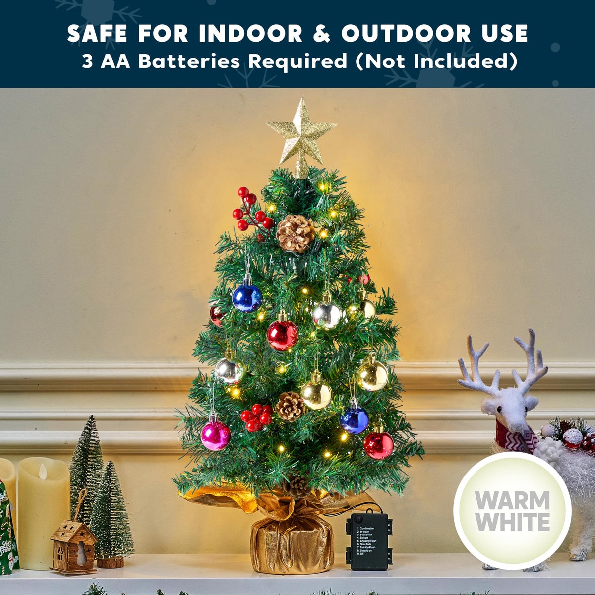 Joyfy 24in Prelit Tabletop Christmas Tree with Decoration Kit (Gold, Battery Operated)