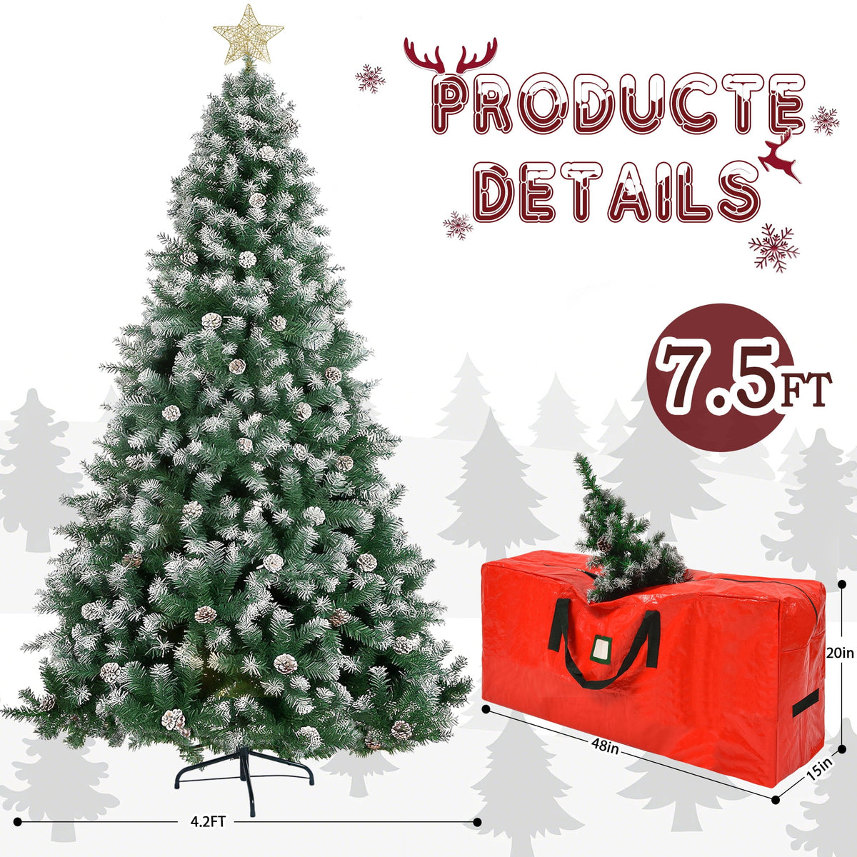Yexmas 7.5ft Pre-Lit Christmas Tree with Tree Topper, 8 Modes LED Lights, Artificial Xmas Tree with Large Storage Bag