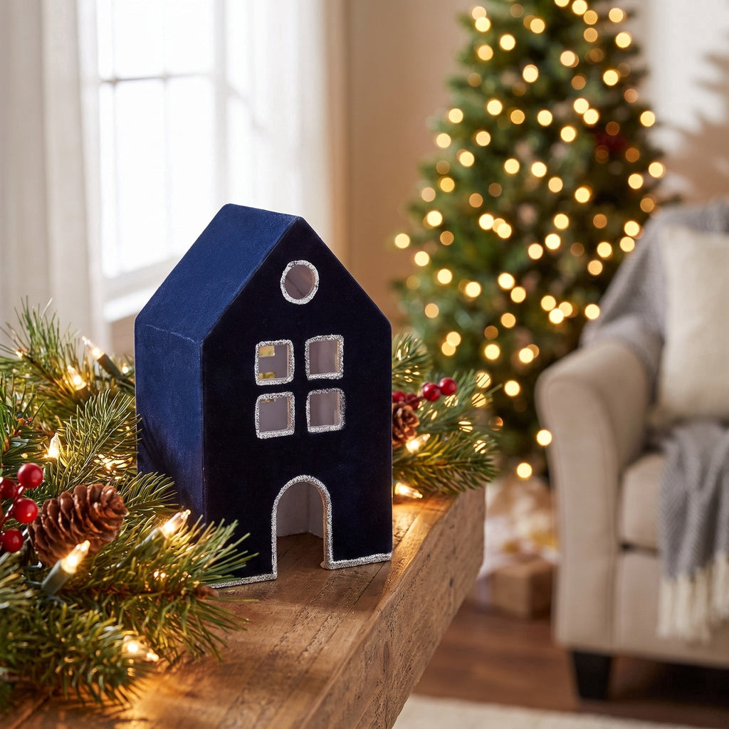 Velvet-Feel House Christmas Decoration, Blue and Silver, 8", by Holiday Time