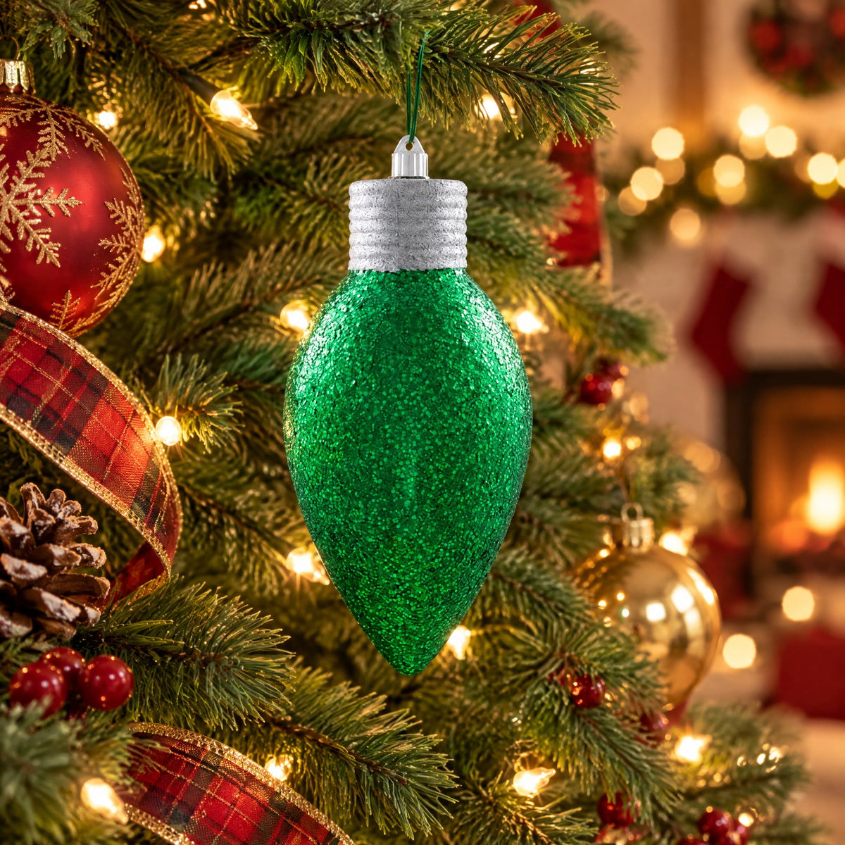 Dark Green Glitter Jumbo C9 Bulb Shatterproof Christmas Ornament, 13", by Holiday Time