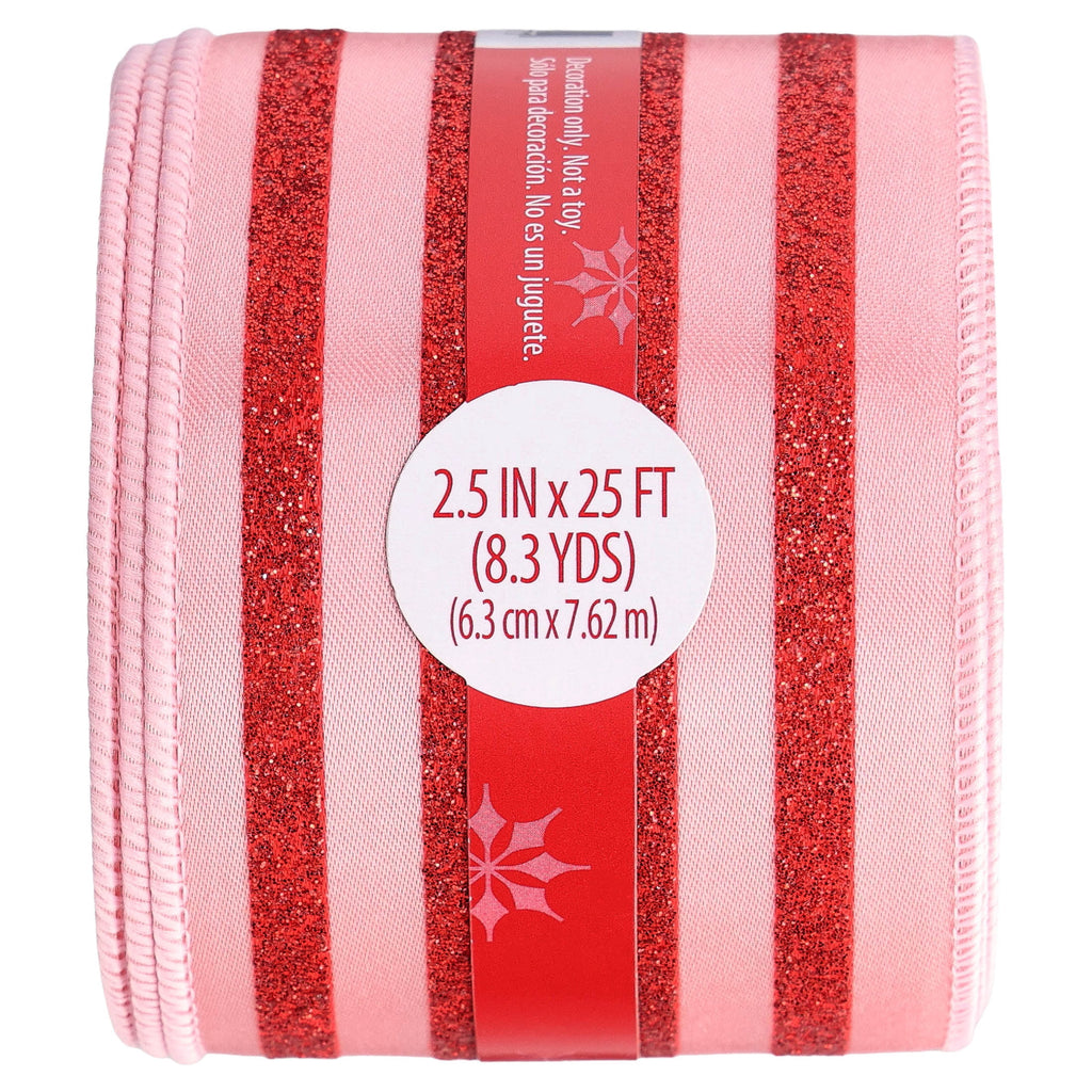Pink and Red Glitter Striped Christmas Ribbon, 2.5" x 25', by Holiday Time