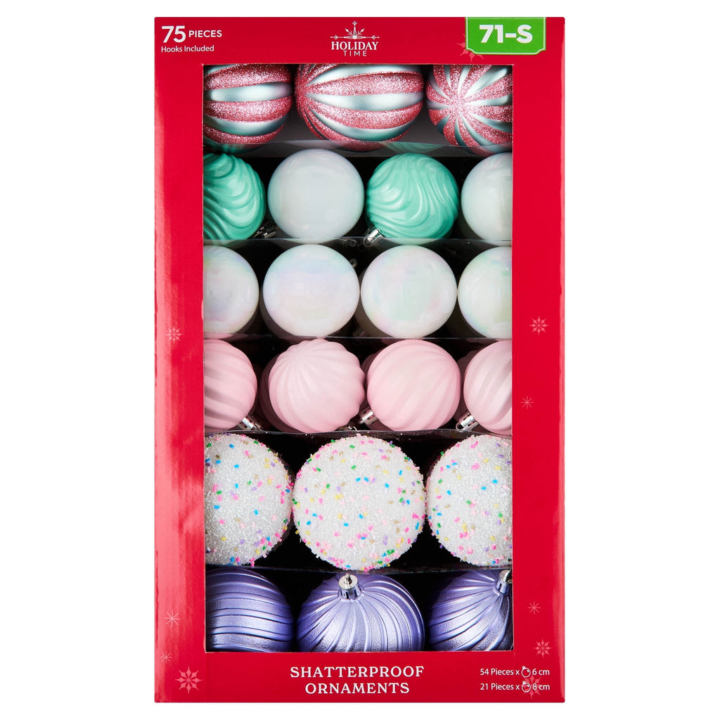 75-Count Multicolor Pastel Ball Shatterproof Christmas Ornaments, by Holiday Time