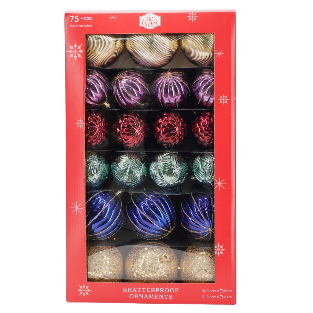 75-Count Multicolor Tranquil Ball Shatterproof Christmas Ornaments, by Holiday Time