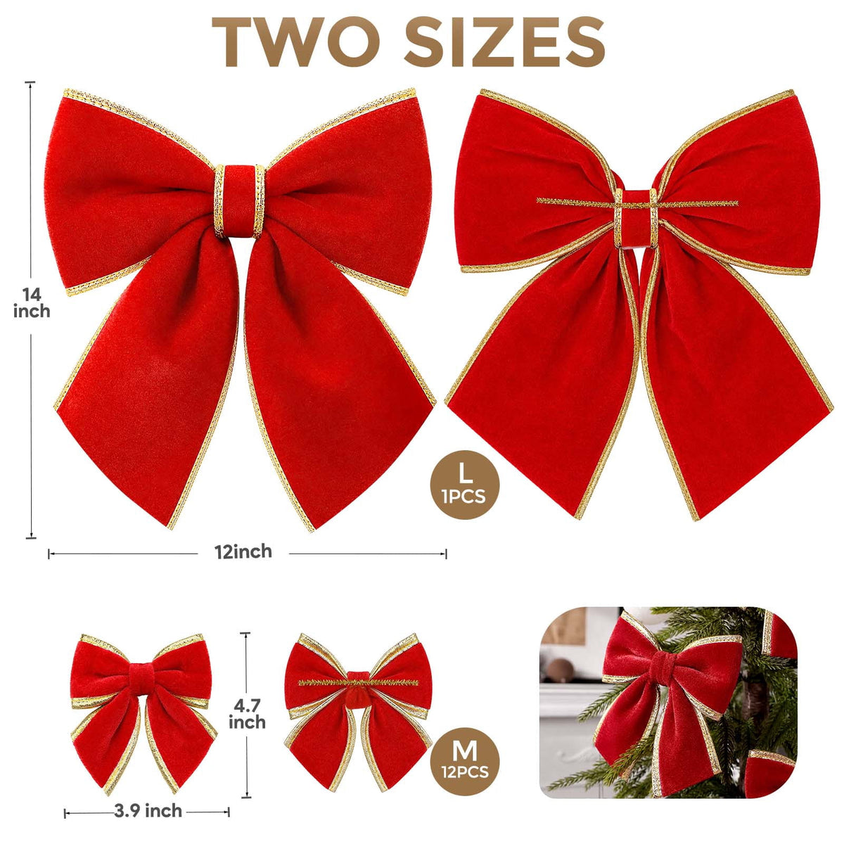 Ayieyill 13 Pack Velvet Red Christmas Tree Bows, Large Christmas Bows for Tree Wreath Stairs Railing Fireplace Indoor Decor