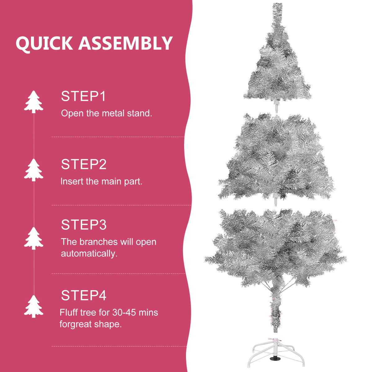Fawyn 6' Ft Sparking Gorgeous Folding Artificial Tinsel Christmas Tree Silver Color 450 Tips